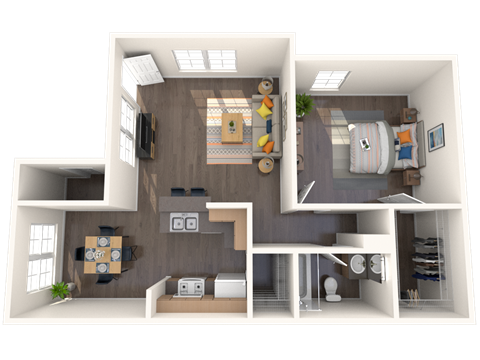 Floor plan for 1 bed, 1 bath, 715 sqft